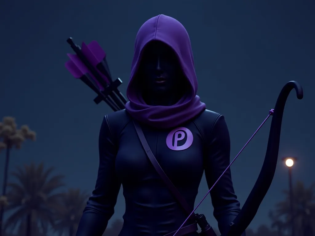 Realistic 3D image depicting an assassin wearing a futuristic robot assassin uniform. The uniform is blackish purple with the Pi logo. The assassin is holding a bow and arrow that is pointed upwards. Night setting with some soft lighting effects. 