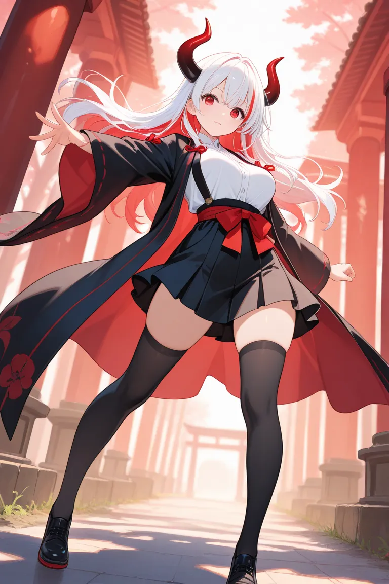 1 girl, Hair length reaches the back, Hair color is white with some red on the edges., red eyes, but not bright, curvy body, wear a sexy samurai outfit, หน้าอกไซส์ปานกลาง, have a devil's horn