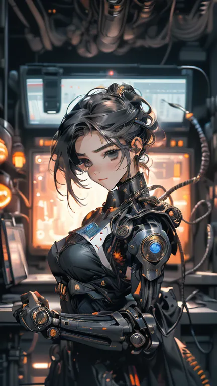 (((Artwork))), ((highest quality)), ((ultra detailed)), (computer graphics illustration), (Very cunning and beautiful)), (cute face on a desktop),  cinematic lights , (( 1 mechanical girl in a European castle)), single,  Move forward , (mechanical gasket)....