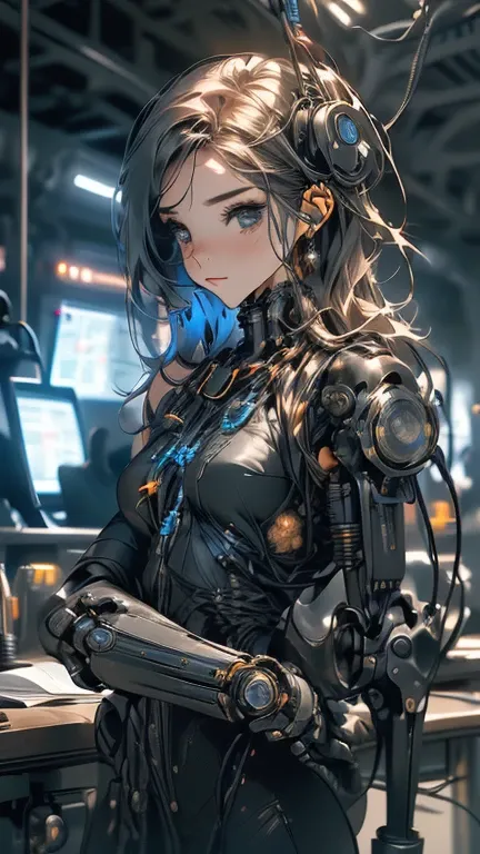 (((Artwork))), ((highest quality)), ((ultra detailed)), (computer graphics illustration), (Very cunning and beautiful)), (cute face on a desktop),  cinematic lights , (( 1 mechanical girl in a European castle)), single,  Move forward , (mechanical gasket)....