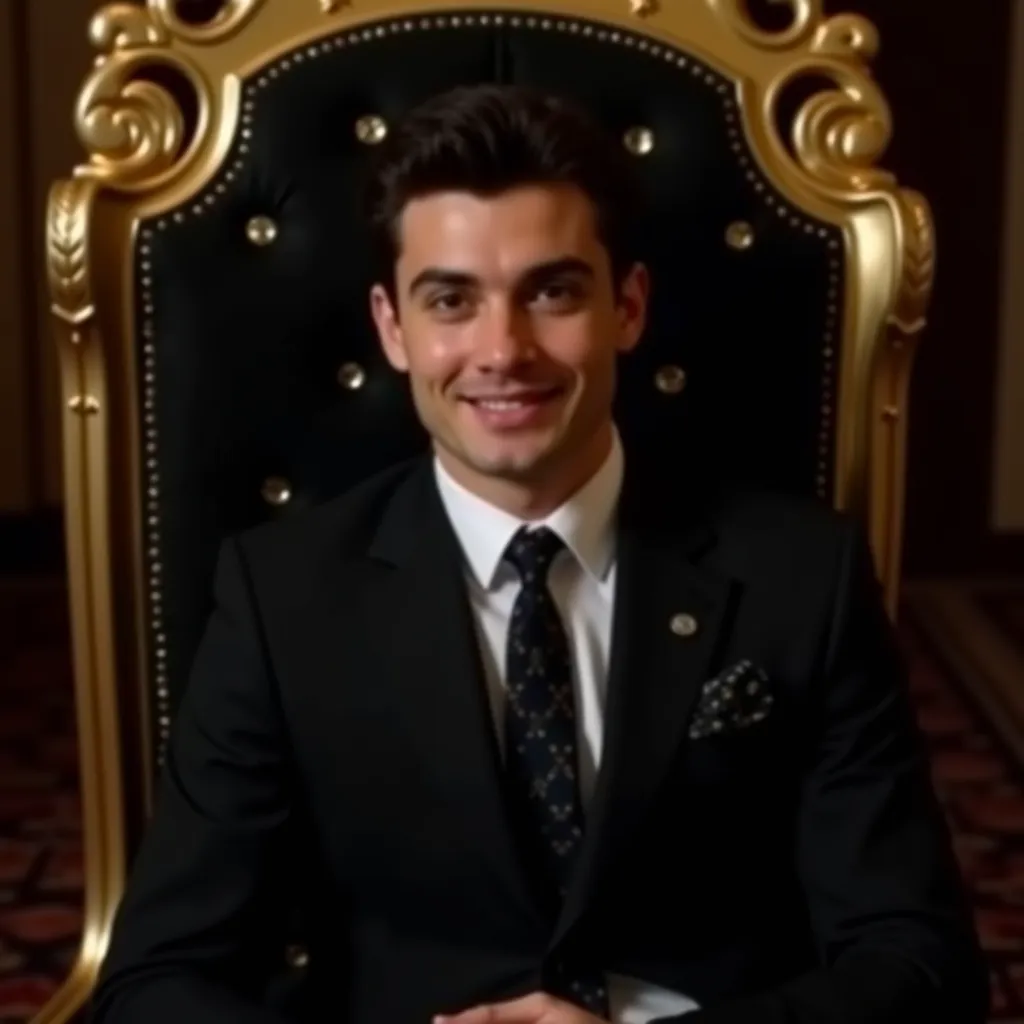 Make me a picture of a handsome Egyptian, wearing a suit, sitting on a luxurious black and gold chair, his gaze piercing, self-confident, smiling a slight smile, a look of challenge, lighting, Cinematography