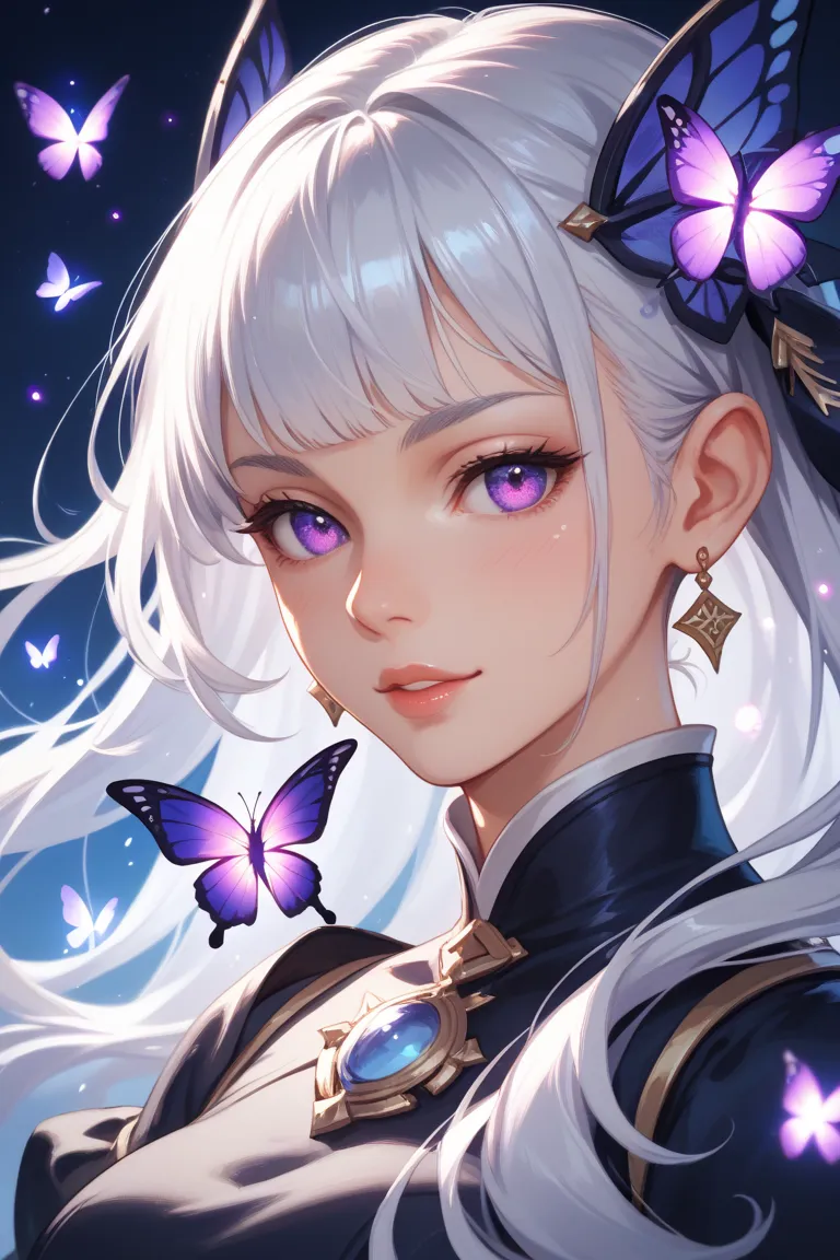 A close-up of an anime-style character with silver-white hair, a glowing purple eye with a magical aura, and surrounded by ethereal purple butterflies. The lighting is soft and mystical, with delicate strands of hair catching the light. The background is d...