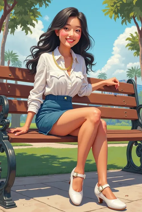 Tip: A very lovely Asian American being happy alone on a park bench in Downtown San Diego in the sun… The illustration is a high definition illustration with 4k resolution., with highly detailed facial features and cartoon style visuals, white shirt, blue ...