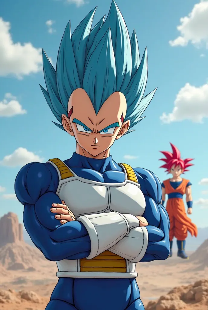 Vegeta with blue hair and blue armor standing with her arms crossed, showing a defiant expression full of determination.  Behind it , Goku with red hair and red armor landed a few meters away, his orange robe fluttering in the wind