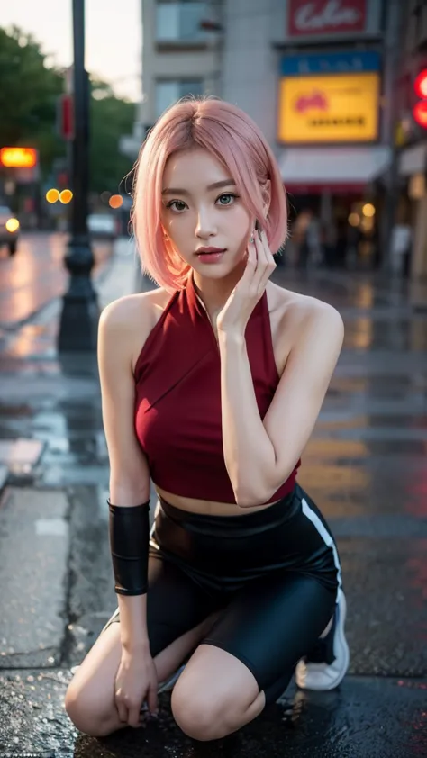 A highly realistic depiction of a young woman inspired by Haruno Sakura from Naruto, reimagined in the real world. She has shoulder-length pastel pink hair with a natural texture, slightly tousled, and deep green eyes with a lifelike sparkle. Her skin is s...