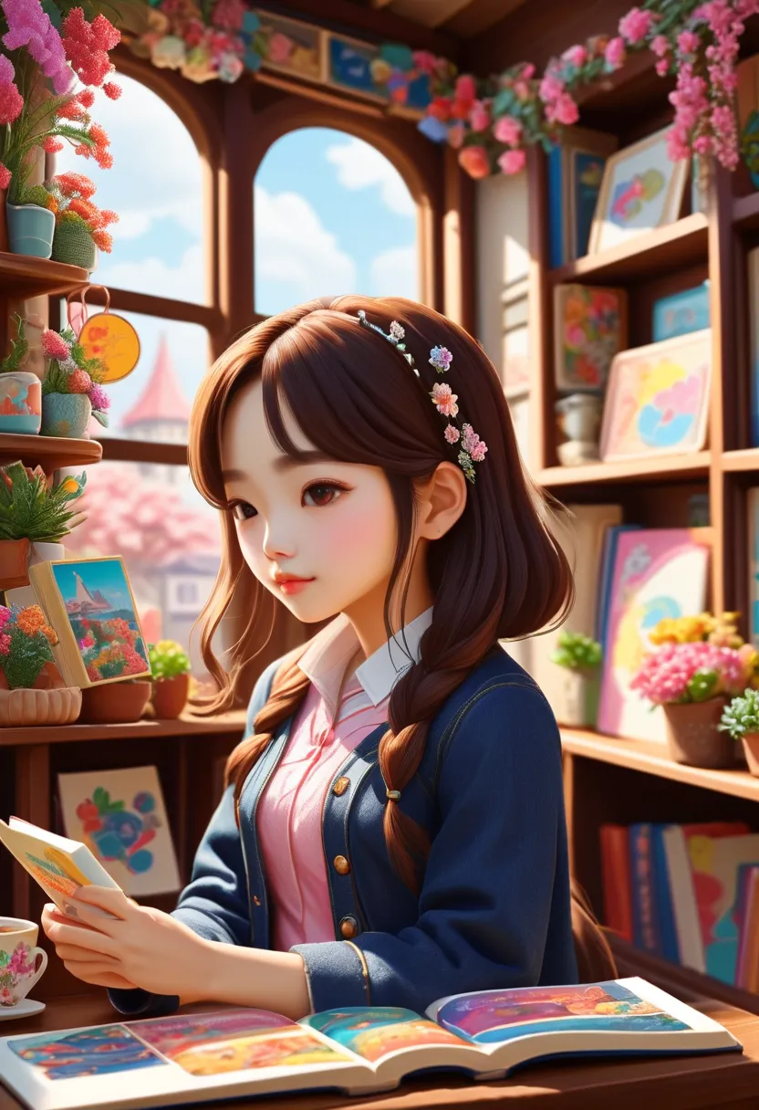 （masterpiece：1.2）、（highest quality）、（Super Detail）、（8k、4K、complicated）、（very detailed：1.2）、girl holding sticker collection book、 colorful illustration 、vintage style、 Nostalgic Memories 、Detailed stickers、bright color、soft pastel tones、 natural lighting、Hi...