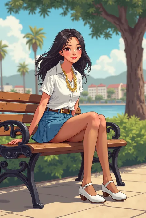 Tip: A very lovely Asian American being happy alone on a park bench in Downtown San Diego in the sun… The illustration is a high definition illustration with 4k resolution., with highly detailed facial features and cartoon style visuals, white shirt, blue ...