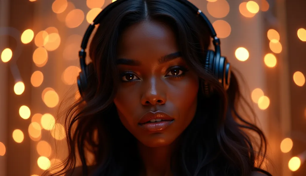 stunningly gorgeous black supermodel,  long hair, wear headphone, (beautiful detailed hazel eyes, beautiful detailed lips, extremely detailed eyes and face), studio lighting,The backdrop in the evening with twinkling lights.