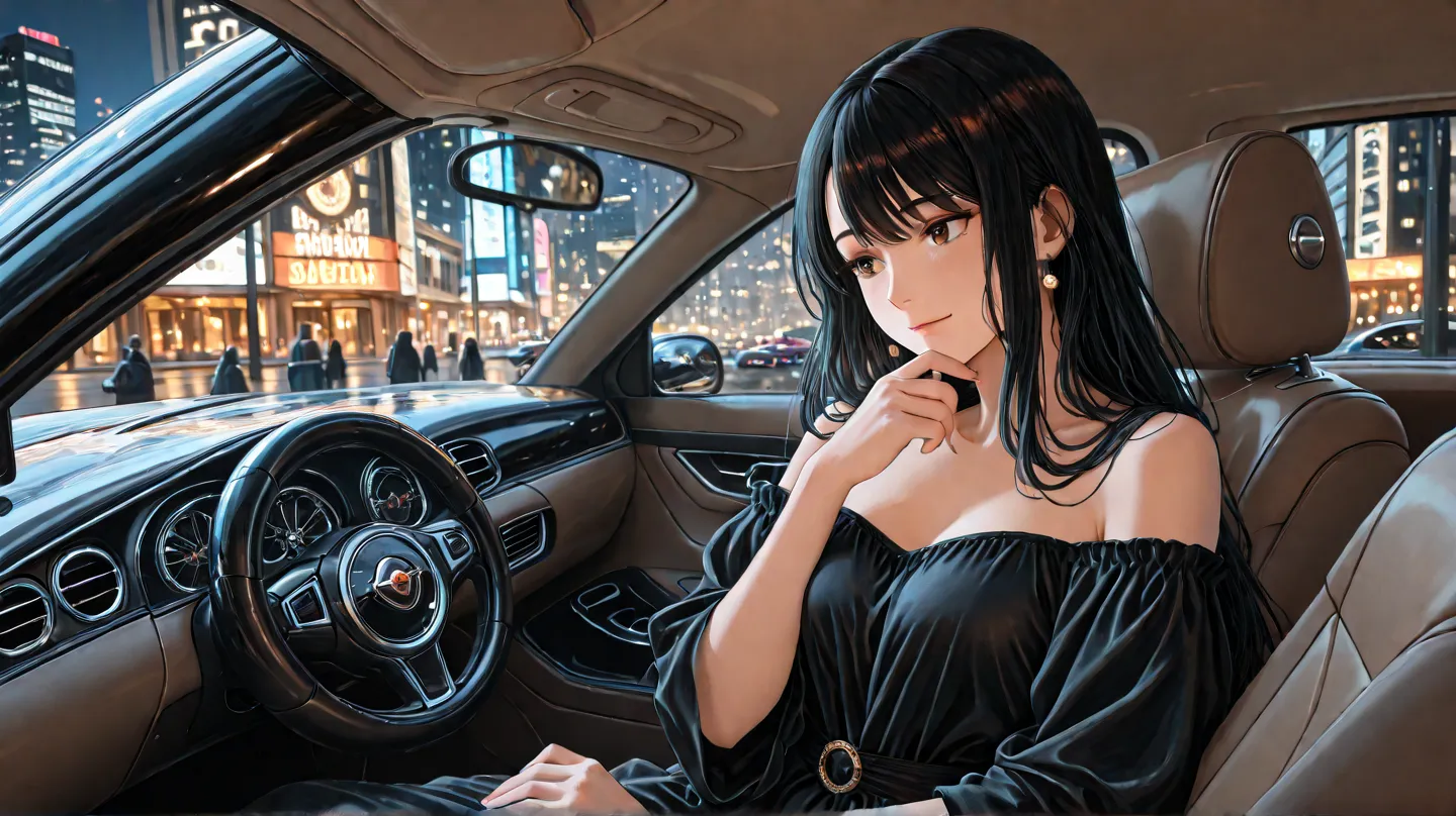 An anime-style illustration with attention to detail. A beautiful female character is seated in the front passenger seat of a car, resting her hand on the window and gently supporting her chin with a dreamy expression. She wears an elegant off-shoulder dre...