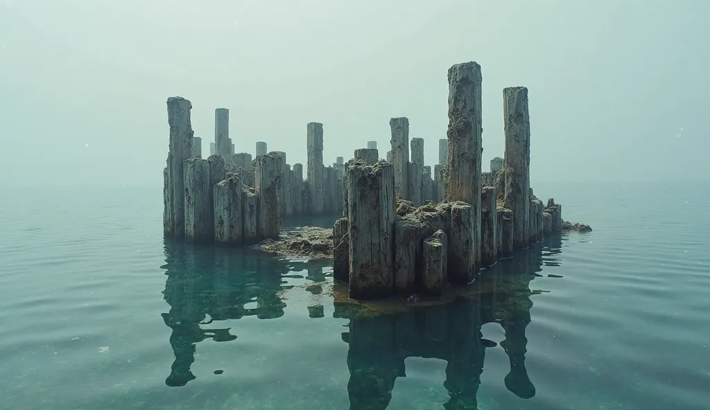 The outline of the sunken wood looms in the clear water，The surface is full of traces of time，As if every crack tells the story of the ups, downs, and vicissitudes that have gone through thousands of years