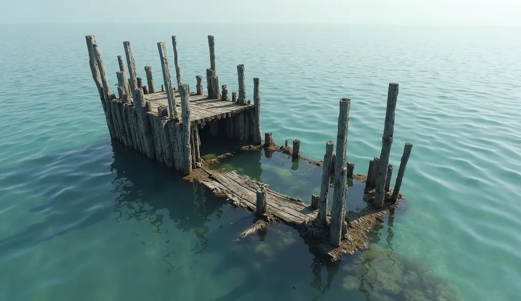 The outline of the sunken wood looms in the clear water，The surface is full of traces of time，As if every crack tells the story of the ups, downs, and vicissitudes that have gone through thousands of years