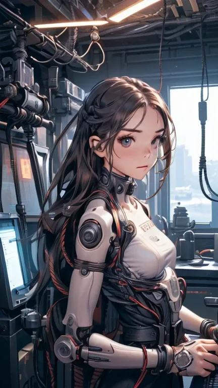 (((Artwork))), ((highest quality)), ((ultra detailed)), (computer graphics illustration), (Very cunning and beautiful)), (cute face on a desktop), cinematic lights , (( 1 mechanical girl in a European castle)), single, Move forward , (mechanical gasket). :...