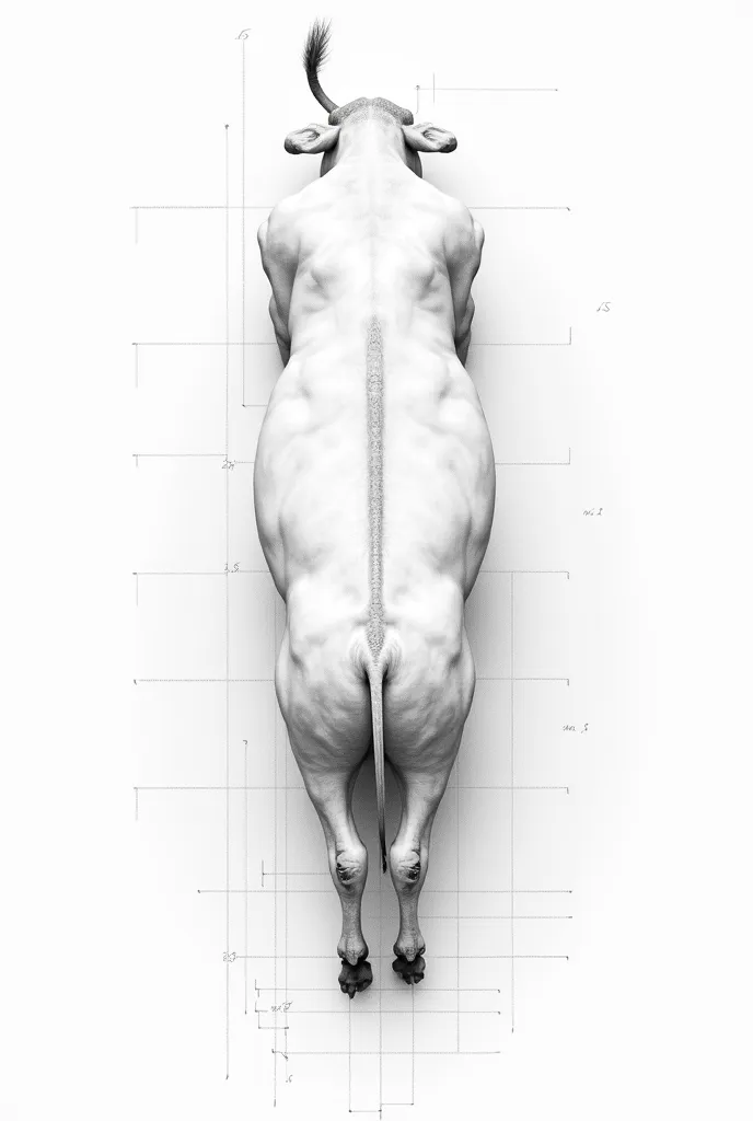 "Create a detailed technical drawing of a confinement ox seen from above ( top view/Aerial), with the head lowered as if feeding in the trough. The style must follow the pattern of an architectural drawing, with precise and minimalist features, similar to ...