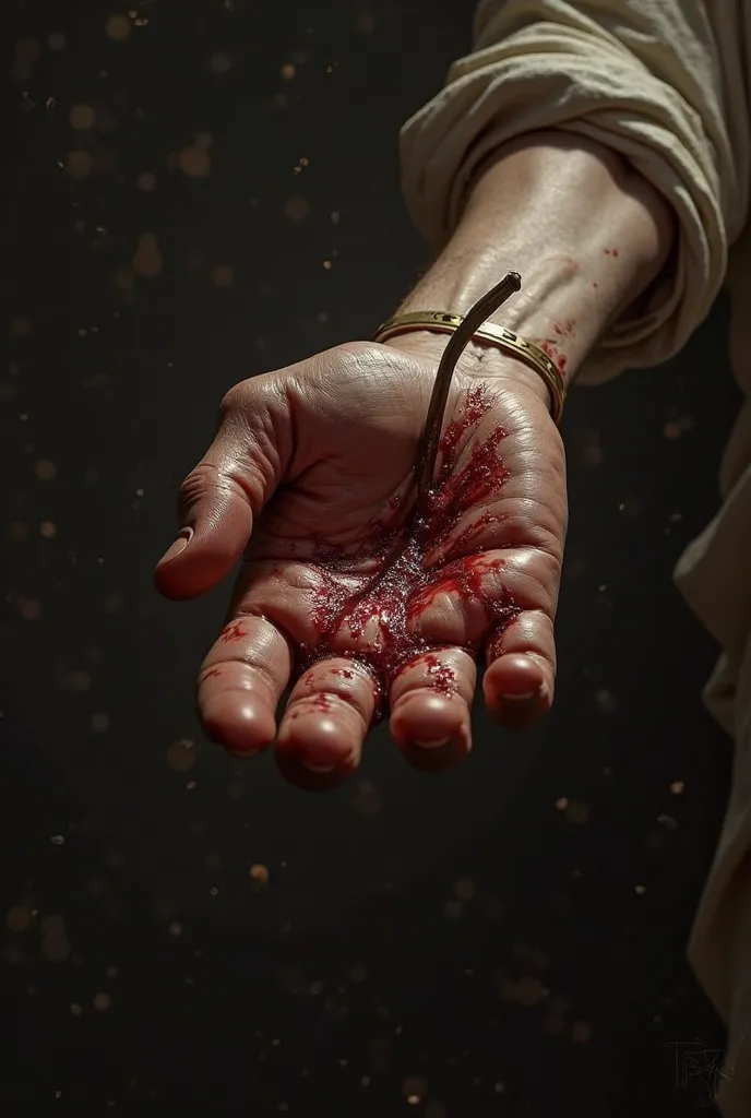 The arm of Jesus with a nail stuck in the bloody palm of his hand