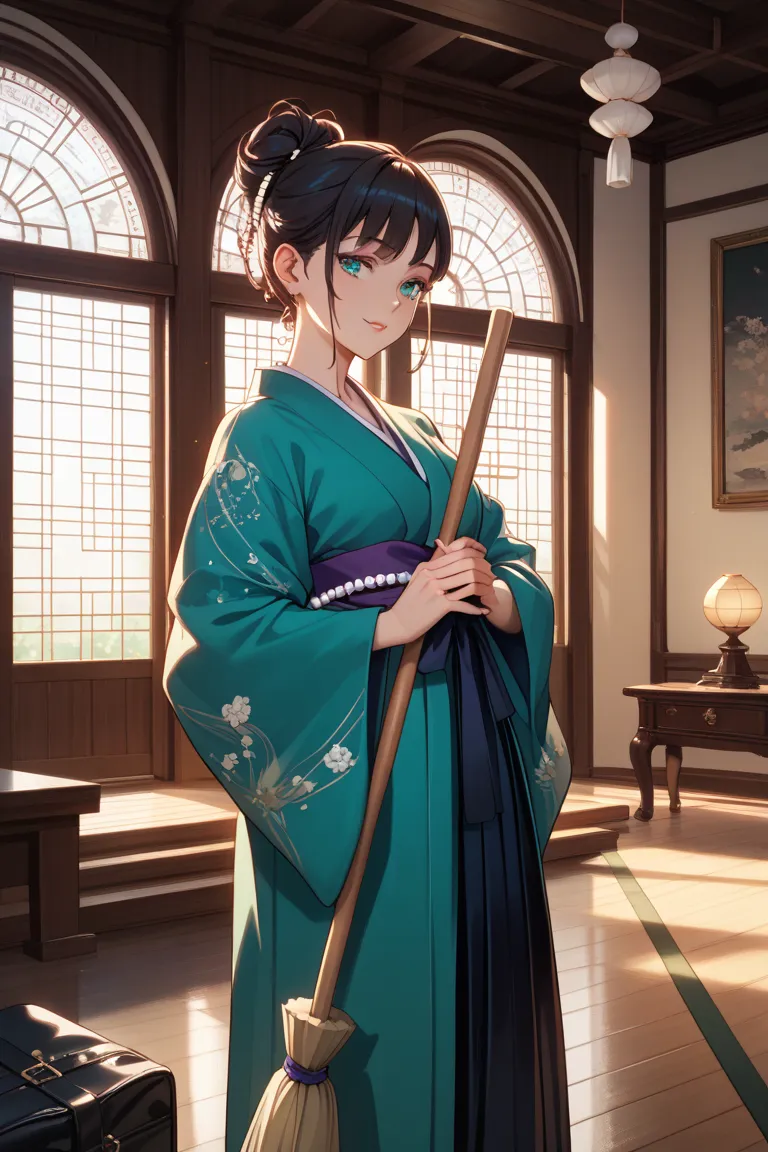 Green long-sleeved kimono、Dark red hakama 、 Broom、A woman wearing a black bag with a white pearl handle、Women's full body with silver pearls and black ribbon hair ornaments