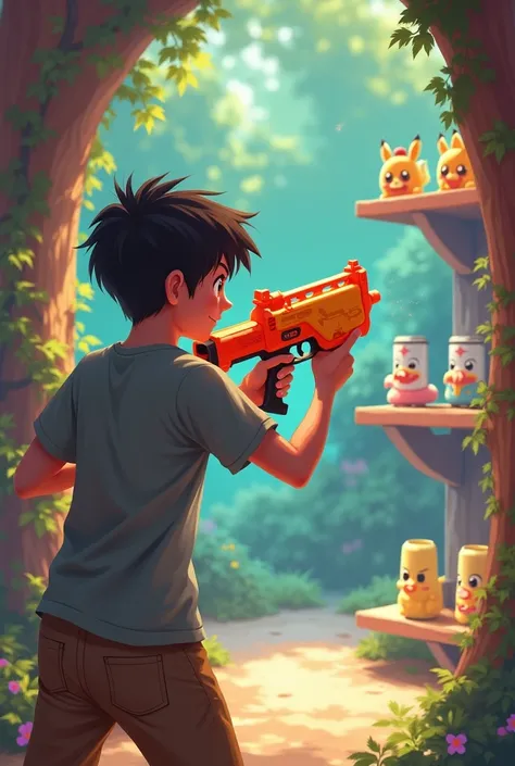 A PERSON SHOOTING WITH A NERF GUN AT A SHELF WITH 8 CANS OF POKEMON AT A DISTANCE OF 3 METERS IN THE POKEMON WORLD