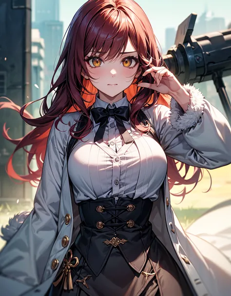 マンガのstyle、アニメのstyle、中世ファンタジーのstyle、young woman（nationality：1.2）、（age：1.1）、Vivid reddish purple hair with strong hair、（ detailed clothing：1.2）、（accessories：1.1）（light green sunglasses：1.3）（green lace bow tie：1.3）、（detailed facial features：1.3）（ Emoji：1.2）、強...