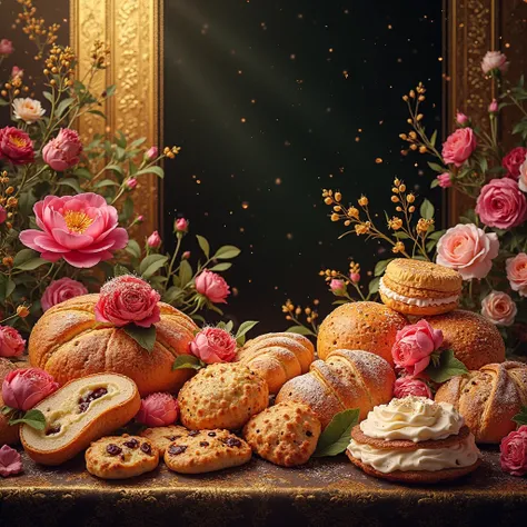 bakery food with flowers with golden and black background for 8th march
