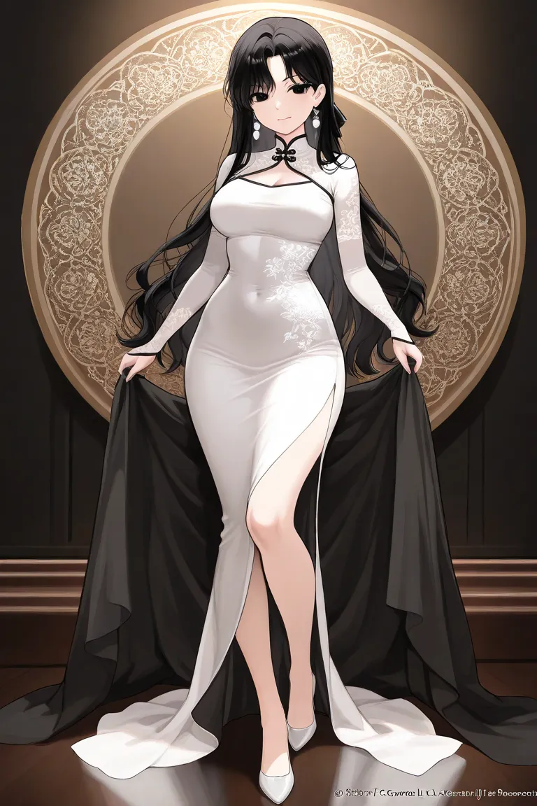 A woman with long black hair reaching her hips, black eyes, and a face similar to Tomie, wearing a white cheongsam and white high heels.