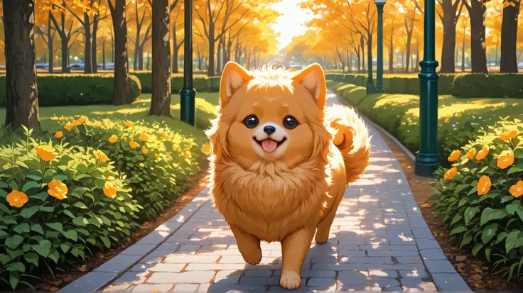 masterpiece,best quality,
High Resolution、Pomeranian male puppy、is taking a walk in the park、、