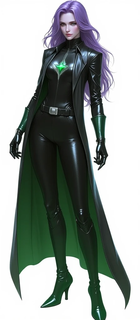 A beautiful and gorgeous and sexy slender violet wavy hair Lady hero wearing leather black honeycomb textured tight fit leather spandex costume.green gloves and belt and boots.. hero suit with silver 3d stylized Down arrow symbol on his chest,standing in a...