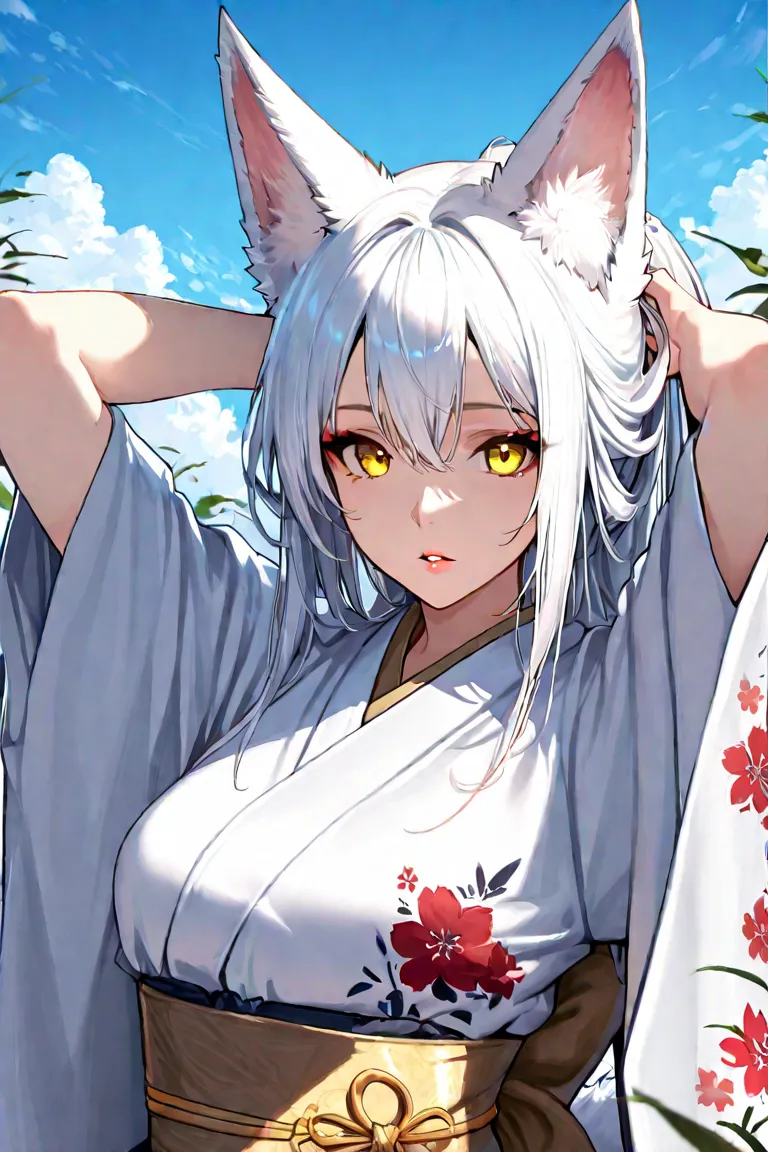 1girl, fox tail, sky, white hair, long hair, animal ears, masterpiece, yellow eyes, kitsune, parted lips, looking at viewer, kimono, floral print, outdoors, portrait, arms behind head, adjusting hair, cloud, volumetric lighting,
