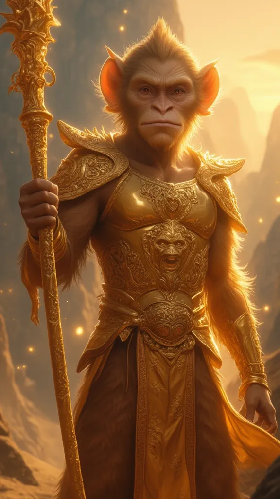 Digital illustration of Sun Wukong (humanoid monkey)  with realistic detail, wearing an intricately carved gold harness, holding a golden wand that emits light, standing in the middle of misty mountains with dramatic lighting,Character image inspired from ...