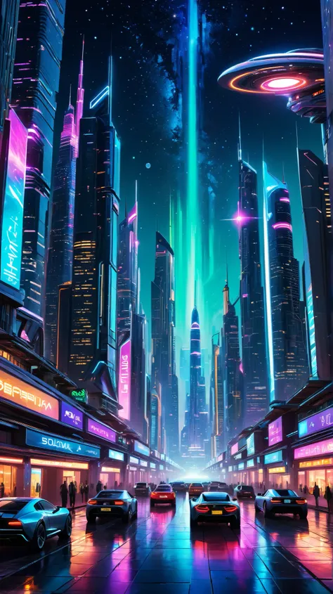 Background with a vibrant landscape, such as a futuristic city or a starry sky, with flashy colors and a slight glow effect.