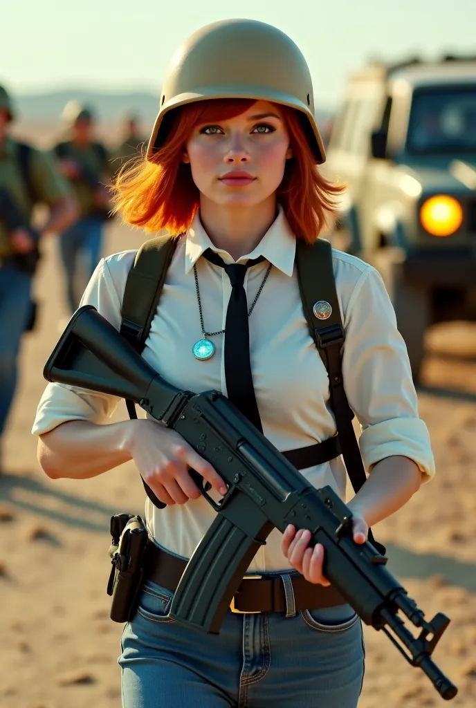  cinematic shooting . Red-haired girl of 25 years old model appearance with green eyes, Bob haircut, with a desert-colored helmet on his head. A round small glowing blue light pendant hangs around the neck on a silver chain. big breasts.  black tie. white ...