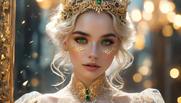 This image brings an enchanting and mysterious vibe. It shows a woman with striking green eyes wearing an intricate black lace mask adorned with golden details and delicate embellishments. The mask frames her face beautifully, enhancing the intensity and a...