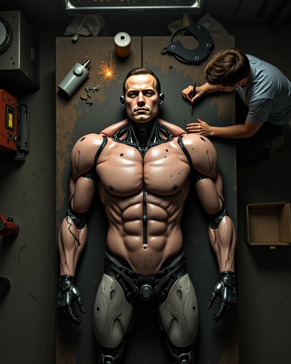 a damaged dummy robot，Life-sized，Robot lying flat on workbench，welds，Human Face，8 abdominal muscles ，Chest Full ，Artificial skin，A male classmate is repairing it