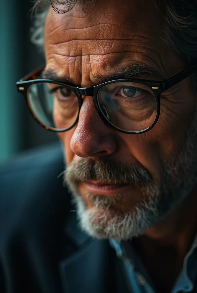 A close-up of a man's face, and he's wearing glasses