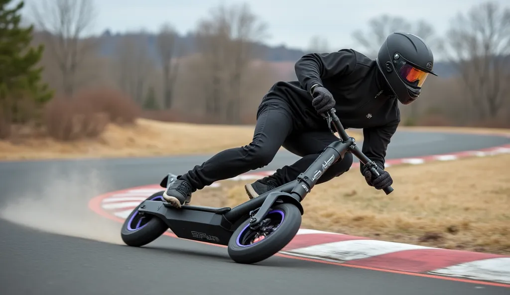 Create an image of the (2025 Oli S1 Pro Scooter) cornering at high speed, demonstrating its agility and handling capabilities.