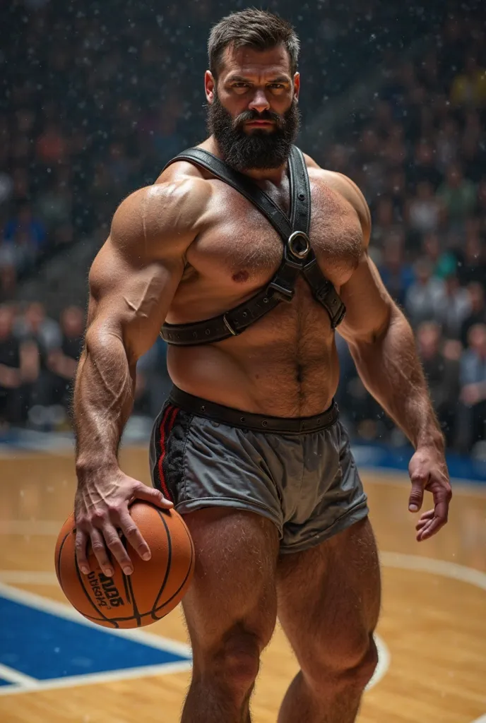 hairy athlete gay man geared up for NCAA march madness, wearing harness, bare ass, jockstrap, has a basketball, on a basketball court 