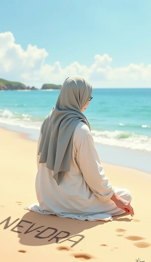 Abstract illustration shows on a wide beach a Muslim woman wearing a simple hijab, wearing a simple robe, is seen sitting writing in the sand with her finger. The writing is NEVADRA. High back view, the image is a water painting. Clear image. 8k.