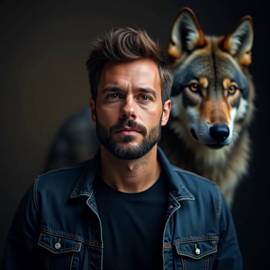 colorful portrait of a 35-year-old man wearing dark denim jacket, black shirt, face , soft beard ,   short beard , a big wolf spirit in the background, focus,  dark theme, award winnig, HD resolution, 4K