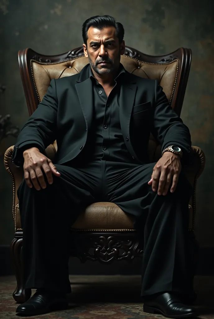 Salman Khan wearing black coat pant mafia look sitting on a king chair cinematic look