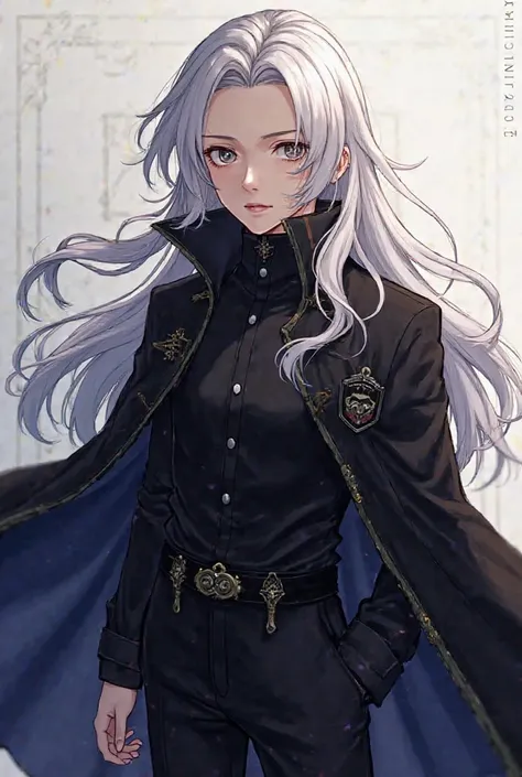 anime: Young boy with long platinum hair,wearing a black shirt with a dark prince-style overcoat and black pants, beautiful quality, Perfect composition of the painting,  Rimuru Tempest appearance