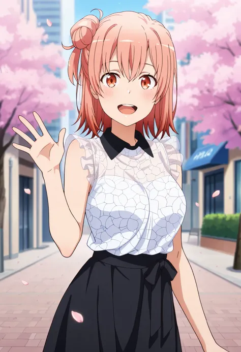 anime screencap, masterpiece, best quality,
1girl, solo, open mouth, light smile, blush, upper teeth only, happy,
medium hair, orange hair, single side bun, orange eyes, hair between eyes,
Yui, wing collar, black collar, frilled shirt, sleeveless shirt, se...