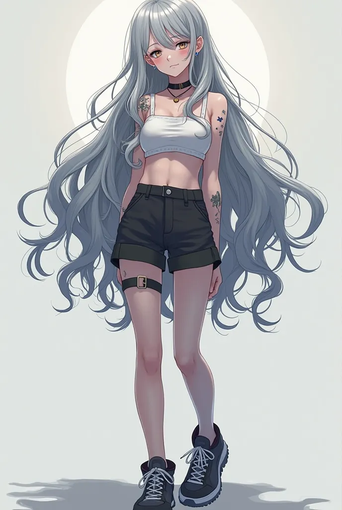 Gal silver ash hair woman long hair loose fluffy wave hair tube top monotone outfit thick bottom sneakers
Cigarette tattoo earrings anime style full body up to feet front standing picture cool