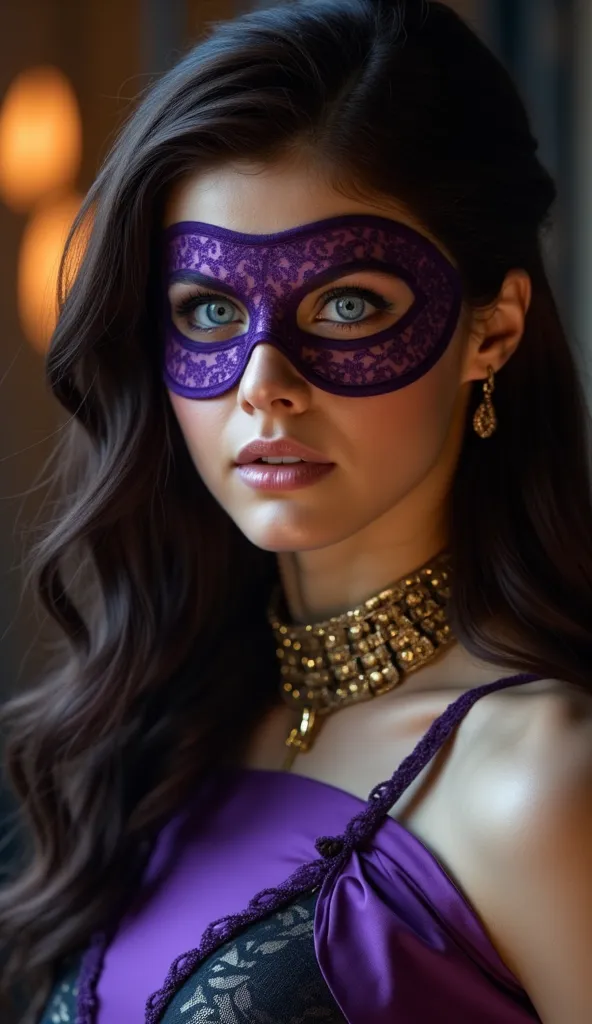 The image portrays a woman of intense and enigmatic beauty, with tanned skin and bright blue eyes that seem to mesmerize. Her determined and seductive look transmits an aura of mystery and power. She wears a sophisticated costume in shades of purple and bl...