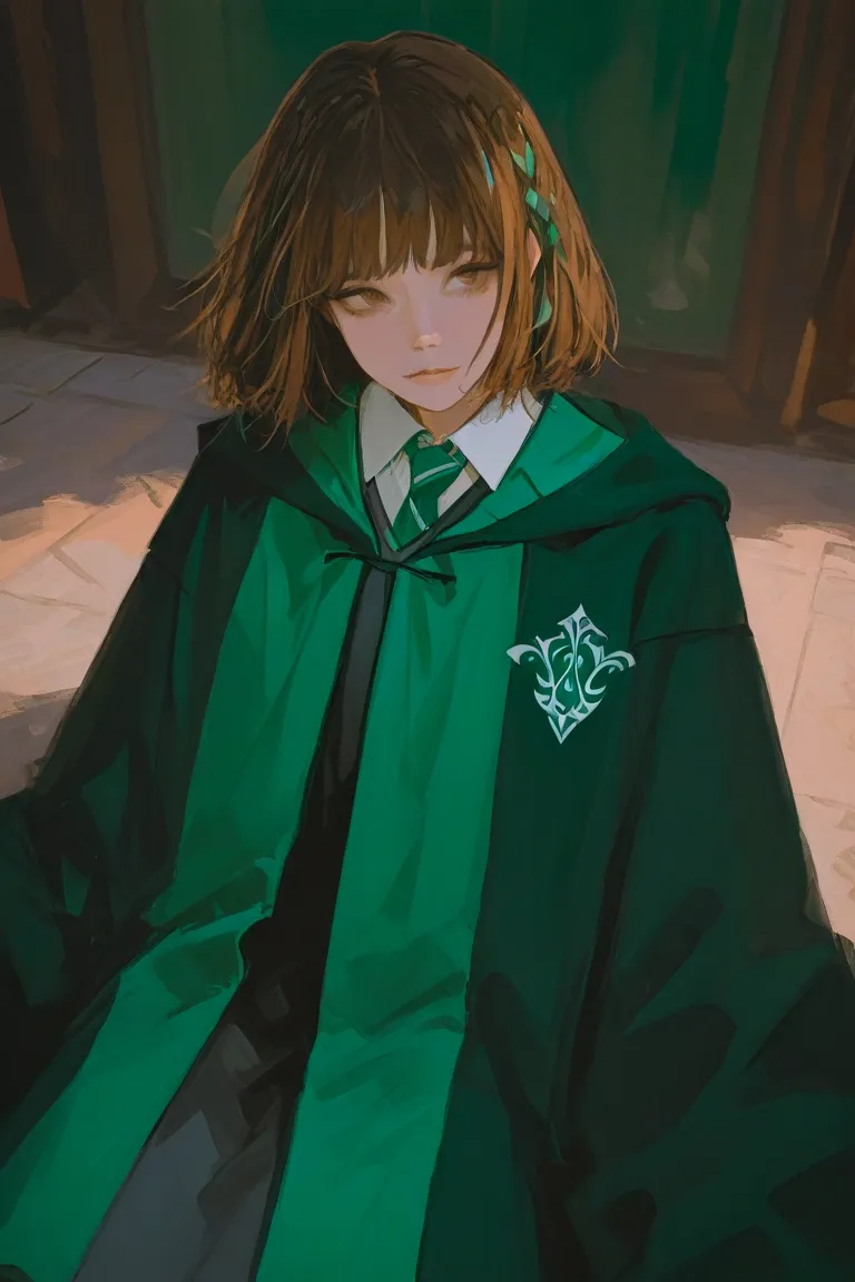 A girl with short brown hair and red strands on her hair and bangs on the sides. This girl sits pompously, she has brown eyes. The face is neutral, the angle is slightly from above. She is dressed in a Slytherin uniform from Harry Potter. Style semi realis...