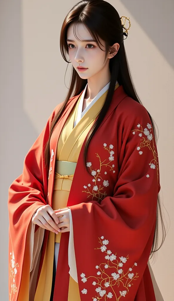 A photorealistic image of a young East Asian woman dressed in traditional Sengoku-era attire. She is wearing a red uchikake (ceremonial kimono-style outer robe) with intricate white floral patterns, softly blending into the fabric like cherry blossoms. The...