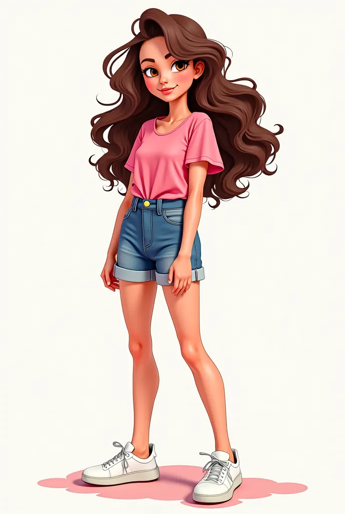 Create 4D illustration stylish  girl curly brown hair hairstyle Maria Chiquinha brown eyes, denim shorts pink blouse white sneakers.