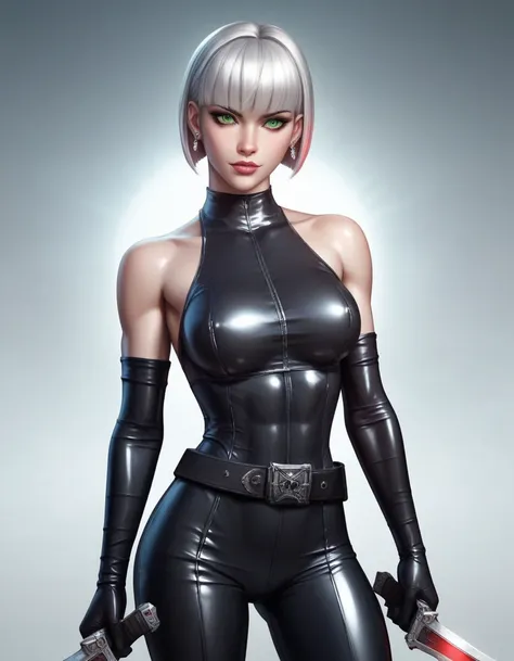 female black sleeveless latex bodysuit, black belt, black long tight pants, racerback, bare shoulders, long elbow gloves, black gloves, toned arms, beautiful faces, silver short hair, sleek bob cut, earrings, soft smooth skin, pale skin, tundra background,...