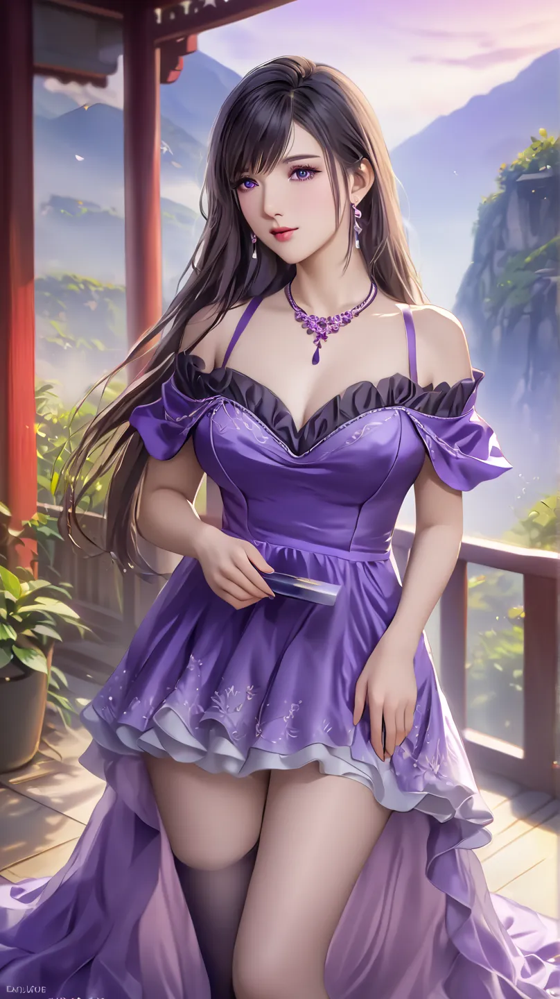  Off Shoulder Dress , masterpiece, highest quality ,super high resolution, 1 girl, super high resolution ,Unique,stocking,purple eyes, long hair, bangs, necklace,Expansive natural scene, soft light ,Delicate texture,Elegant and charming,Realism, digital pa...