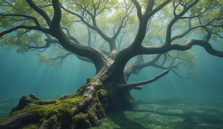 and the branches of a thousand-year-old sunken tree stretch in the water，The surface is covered with a light layer of moss，exude a natural, pristine atmosphere，as if bringing an ancient forest into a fish tank