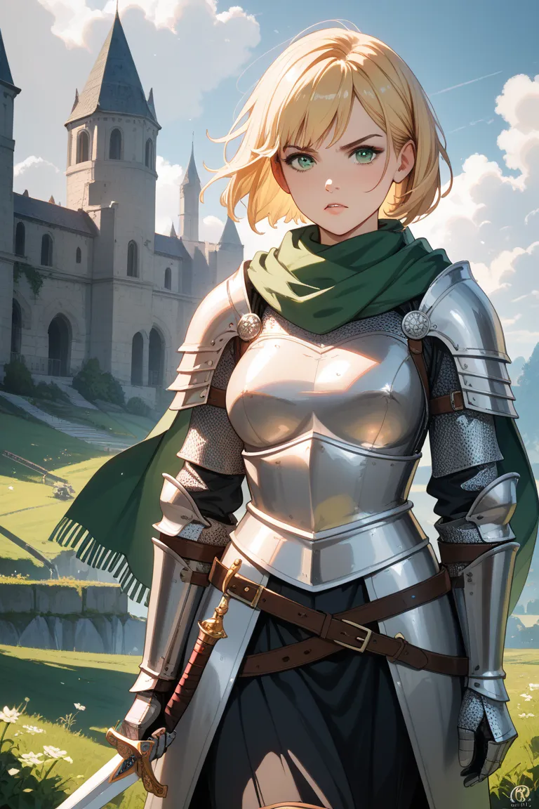 Blonde Shortcut、 straight 、Cangyan、 female knight、grey armor and green scarf