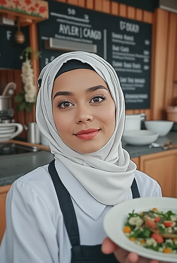 Woman muslim chef who is incharge in cooking at the kitchen in the restaurant(the image shows the the girl chef cook with hanging list of dishes) 