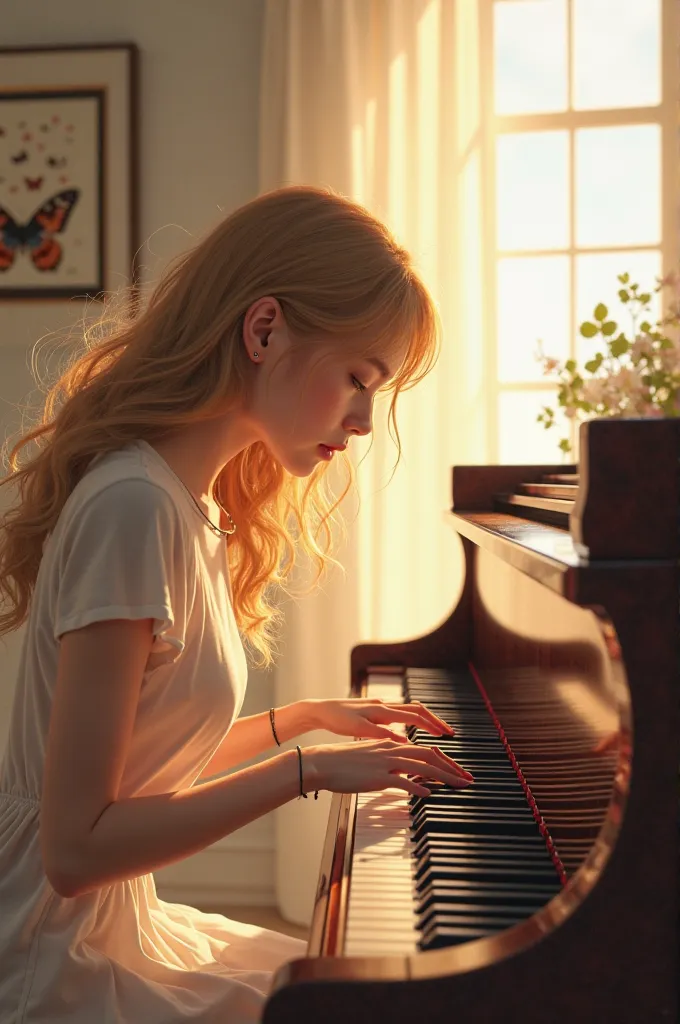 Create an image of a young blond woman playing the piano in a bright gray room with a butterfly picture and a window, with a first-person perspective focused behind the piano